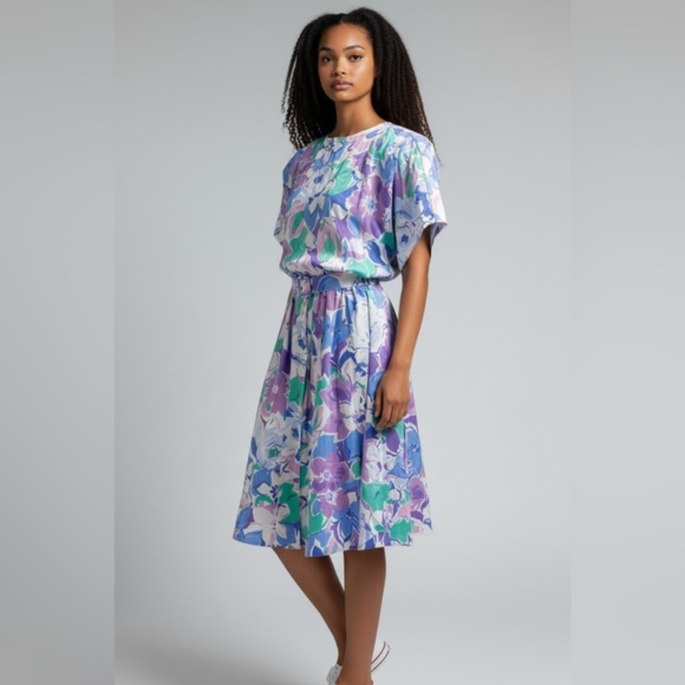Vintage Floral Midi Dress in Lavender, Blue, Mint